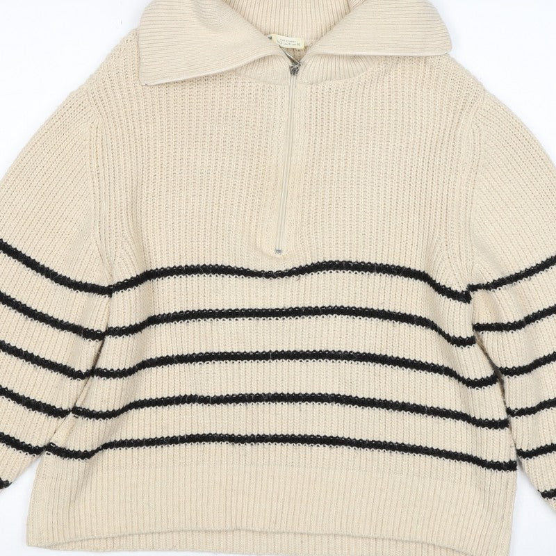 Pull&Bear Women’s Ivory Black Striped Half Zip Roll Neck Jumper S