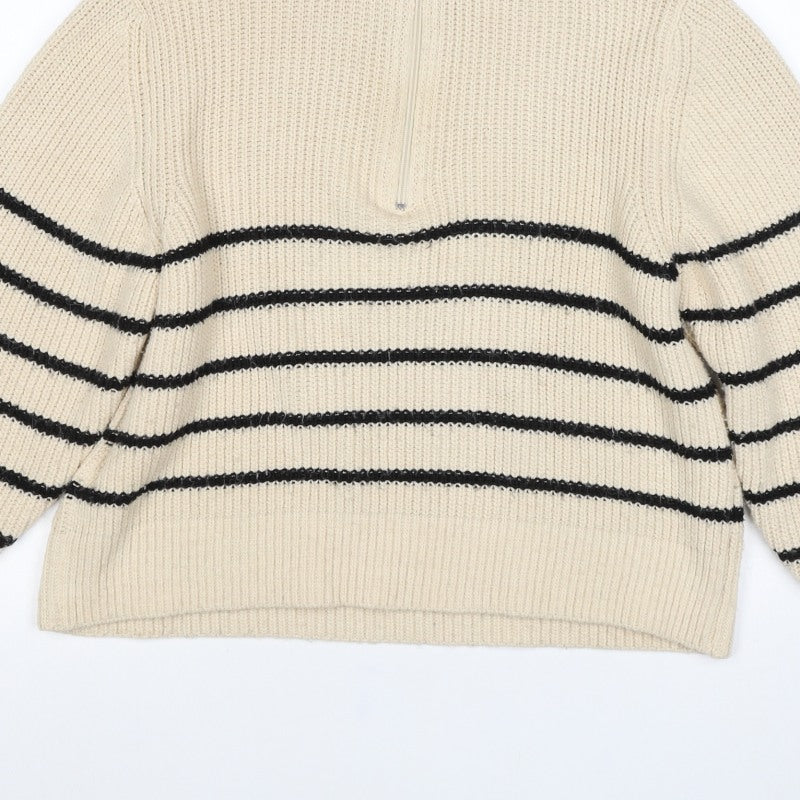 Pull&Bear Women’s Ivory Black Striped Half Zip Roll Neck Jumper S