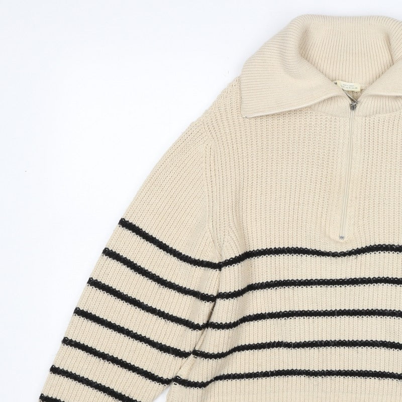 Pull&Bear Women’s Ivory Black Striped Half Zip Roll Neck Jumper S