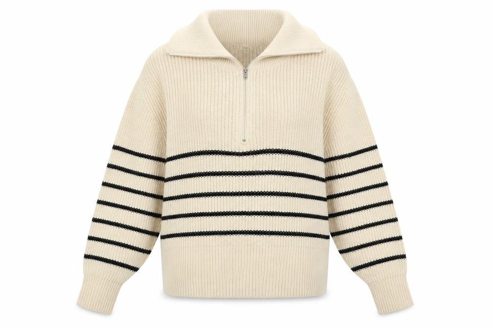 Pull&Bear Women’s Ivory Black Striped Half Zip Roll Neck Jumper S