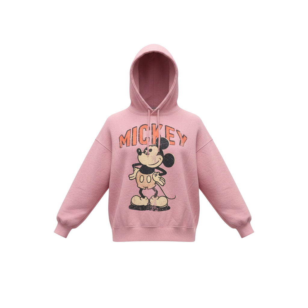 Disney Women Pink Mickey Hoodie Medium Cotton Pullover Sweatshirt