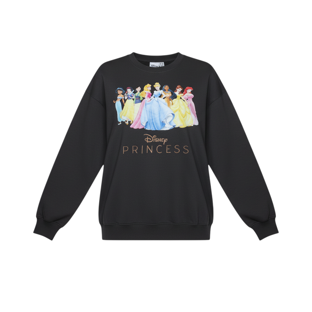 Disney Women Black Princess Pullover Sweatshirt L Graphic Print
