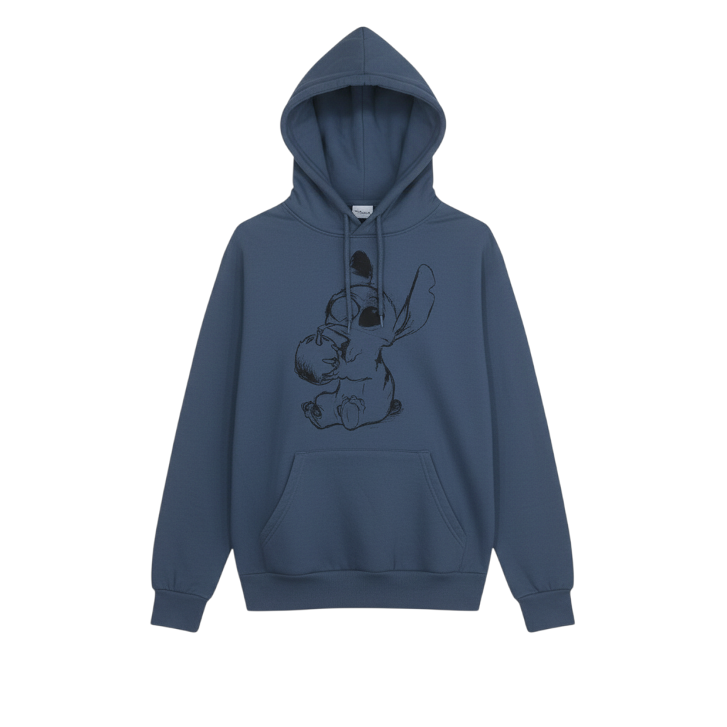 Disney Women Blue Stitch Pullover Hoodie M Cotton Blend