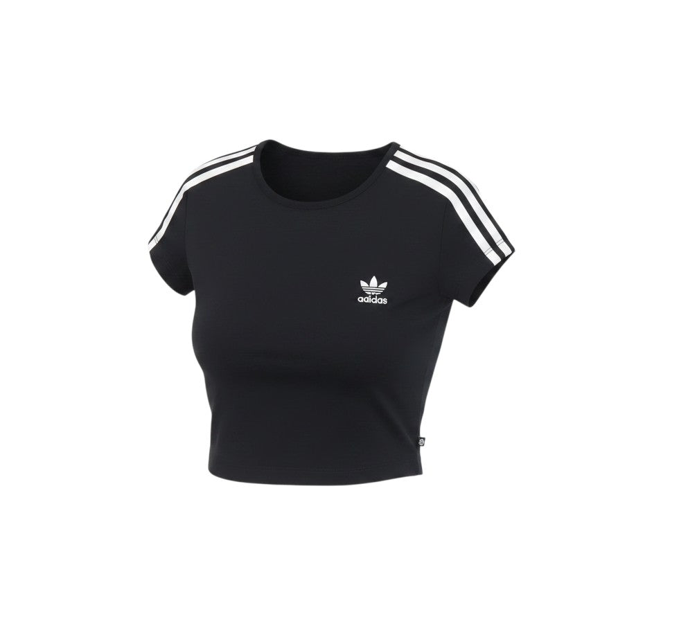 Prewornwholesale Adidas women's black cropped slim fit T-shirt with white three-stripe sleeves and trefoil logo