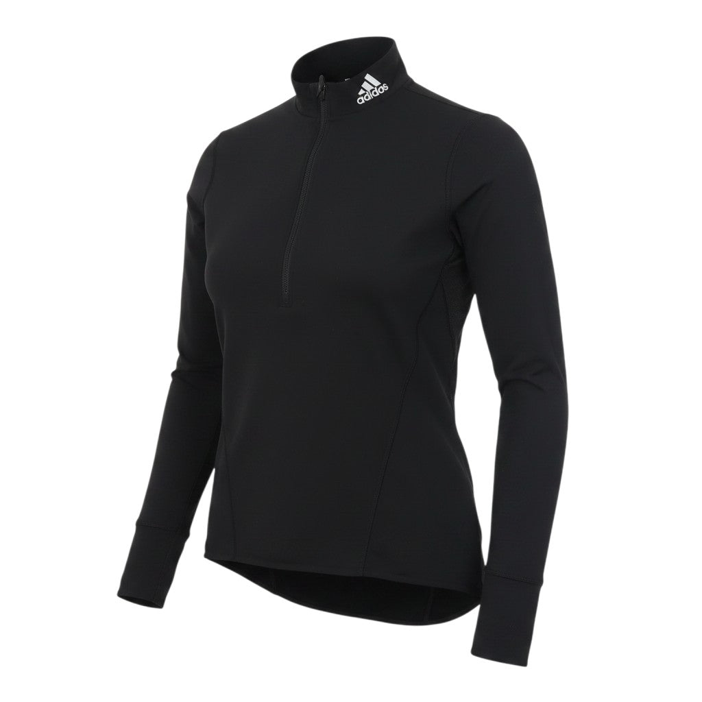 Prewornwholesale adidas women's black long sleeve cycling top with a 1/4 zip mock neck and athletic fit.