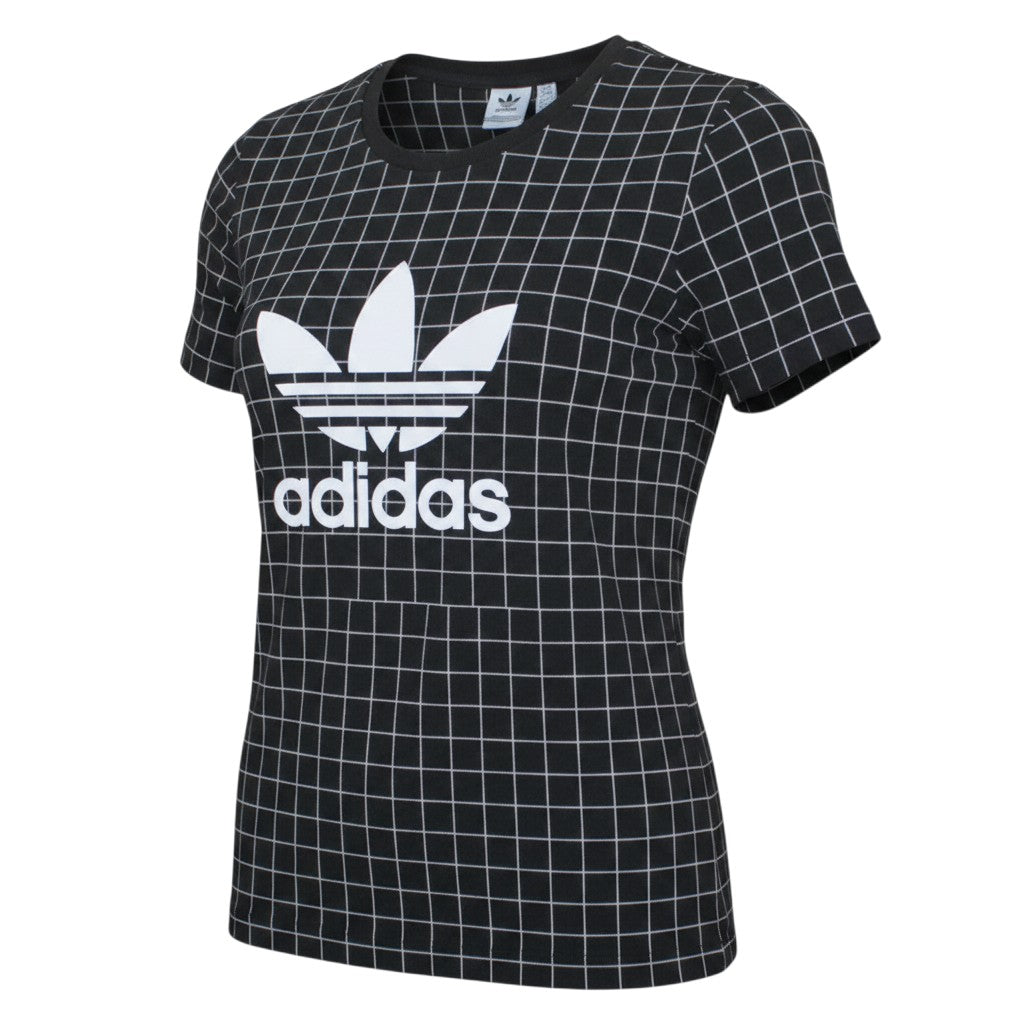 Prewornwholesale Adidas women's black cotton crew neck T-shirt featuring a white grid pattern and Trefoil logo