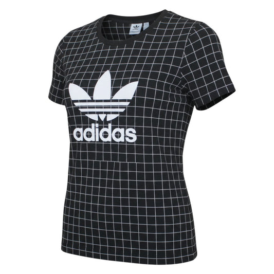 Prewornwholesale Adidas women's black cotton crew neck T-shirt featuring a white grid pattern and Trefoil logo