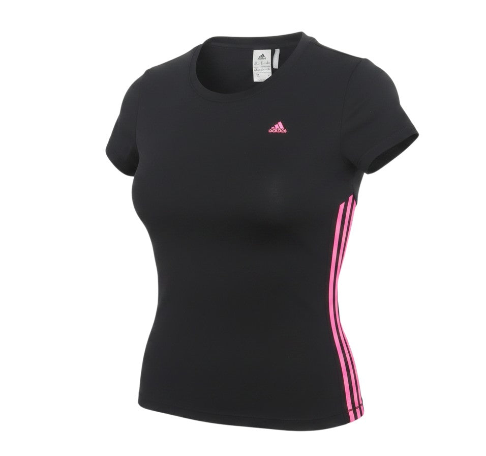 Prewornwholesale Adidas women's black slim fit activewear T-shirt with pink side stripes and chest logo