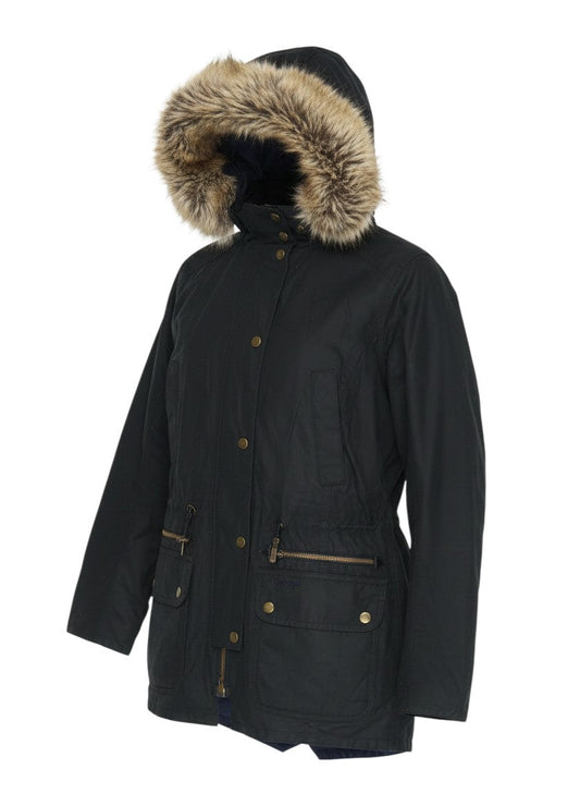 Barbour Women's Black Waxed Parka Coat Size 10 Fur Trim Hood