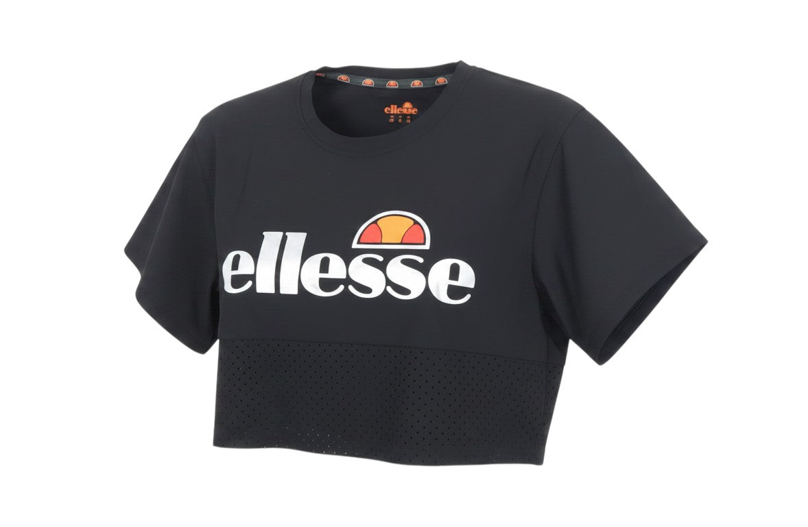 Prewornwholesale black cropped activewear T-shirt with Ellesse logo and perforated mesh panel for ventilation