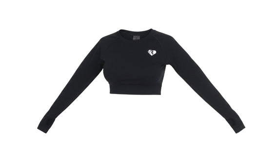 Prewornwholesale black long sleeve cropped activewear top with crew neck and thumb holes in a stretchy knit fabric.