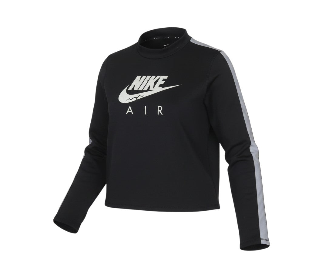 Prewornwholesale black Nike Dri-FIT long sleeve cropped t-shirt with grey sleeve stripes and white Nike Air logo