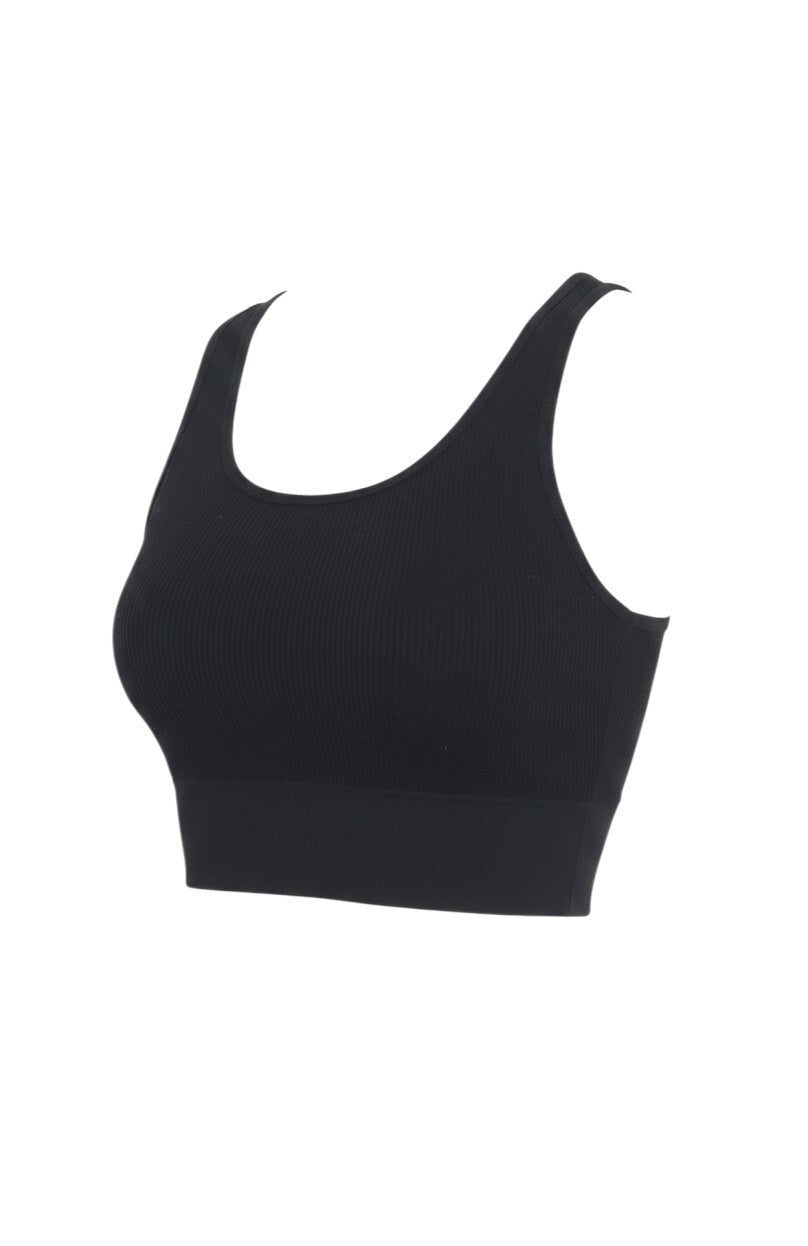 Prewornwholesale black ribbed sleeveless crop top with a scoop neck, crafted from a soft cotton and elastane blend.