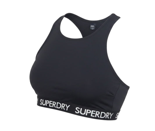 Prewornwholesale black Superdry racerback crop top with branded elasticized hem for athletic performance