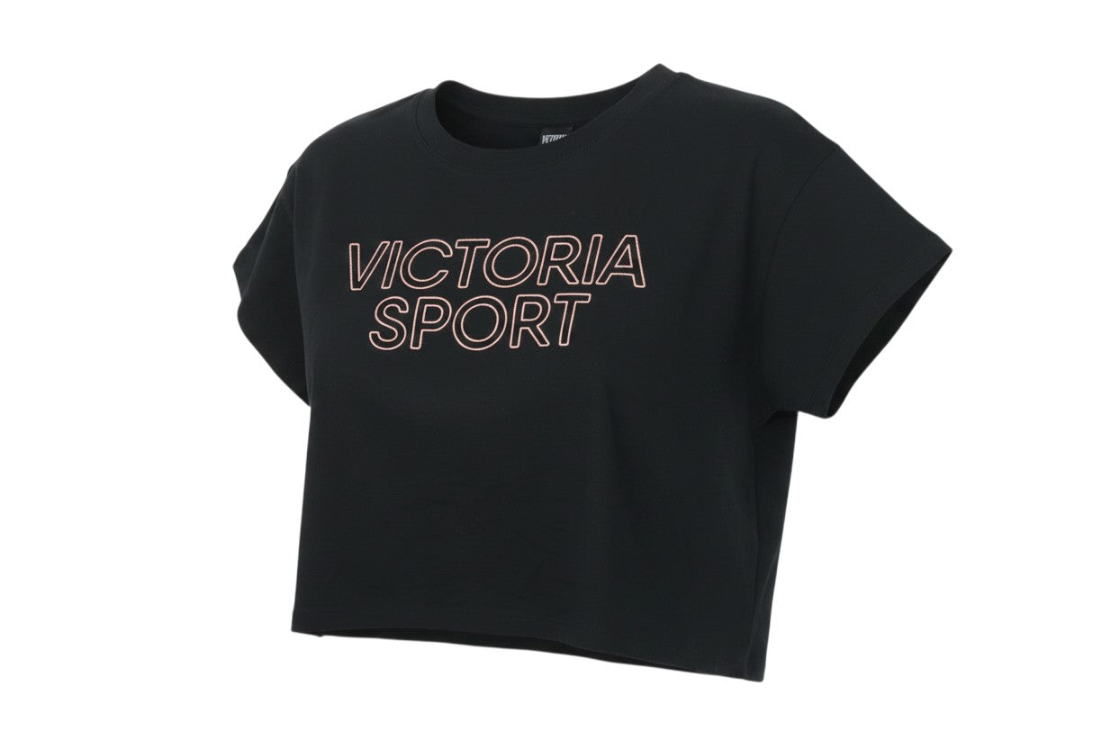 Prewornwholesale black Victoria Sport cropped crew neck t-shirt with pink logo lettering in soft cotton blend