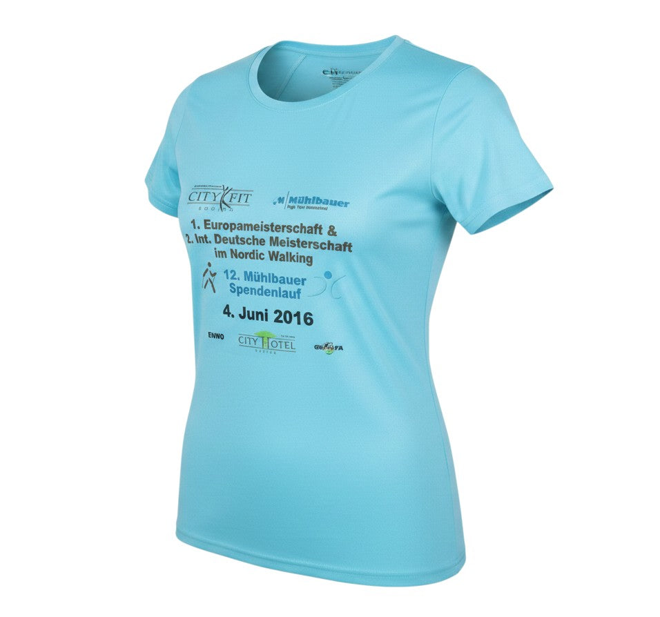 Prewornwholesale women's blue active t-shirt featuring Nordic Walking event graphics on the front