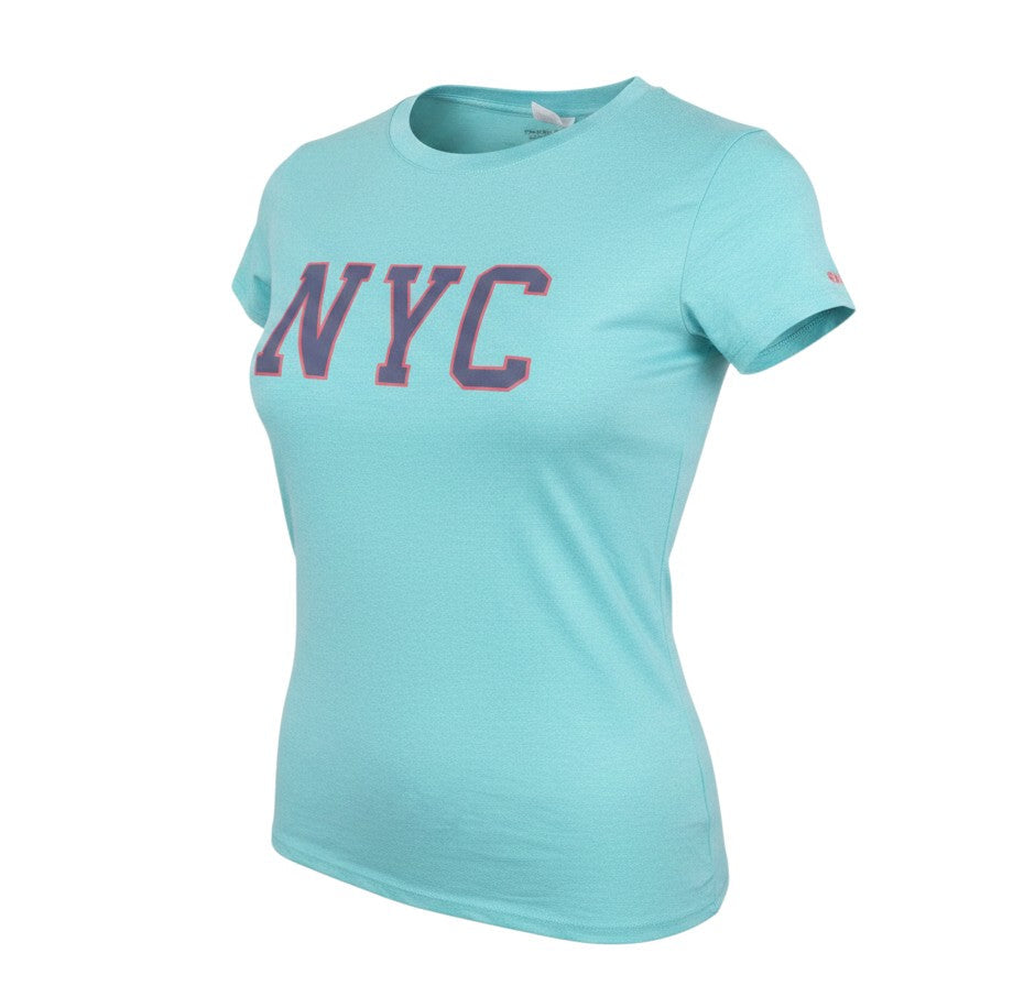 Prewornwholesale women's blue short-sleeved crew neck T-shirt with NYC graphic print in a casual regular fit