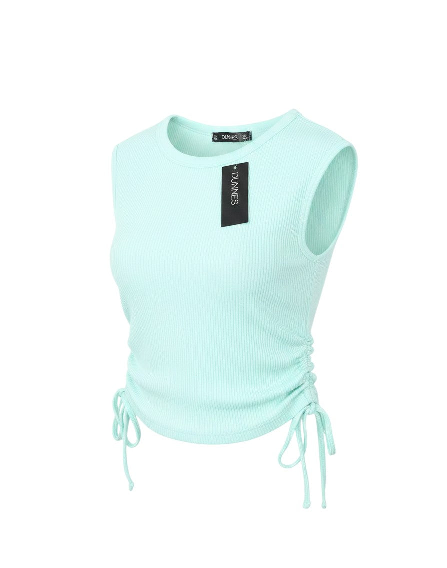 Prewornwholesale Dunnes Stores light blue ribbed tank top with round neck and adjustable ruched sides