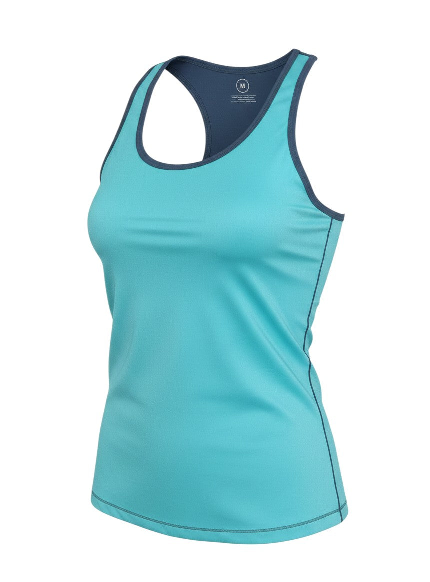Prewornwholesale women's blue sleeveless polyester tank top with racerback design for gym and activewear.