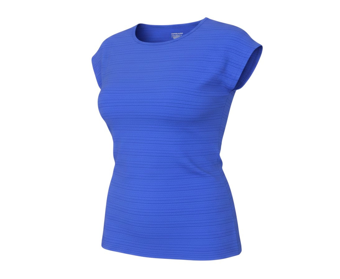 Prewornwholesale cobalt blue sleeveless activewear t-shirt with a crew neckline and textured horizontal stripe detail.