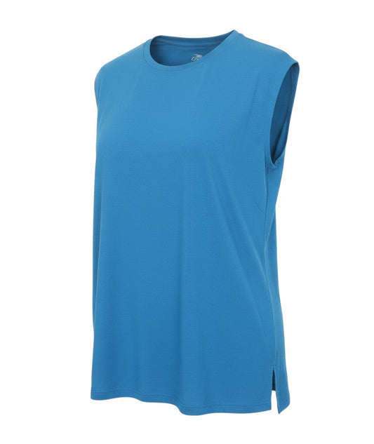 Prewornwholesale Crane women's blue sleeveless activewear tank top with crew neck and side slits in jersey fabric