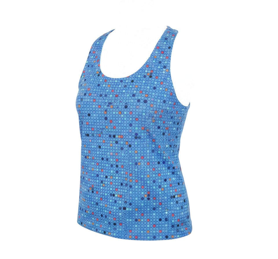 Front view of Danskin women’s blue polka dot jersey basic tank, size L