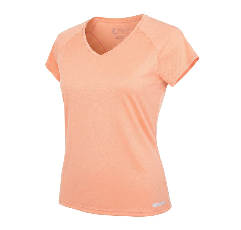 Prewornwholesale Decathlon women's orange V-neck activewear T-shirt in lightweight, breathable, quick-dry mesh fabric.