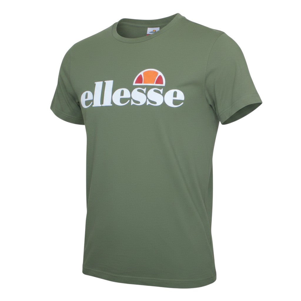 Prewornwholesale Ellesse women's olive green cotton crew neck t-shirt with white and orange logo print on chest