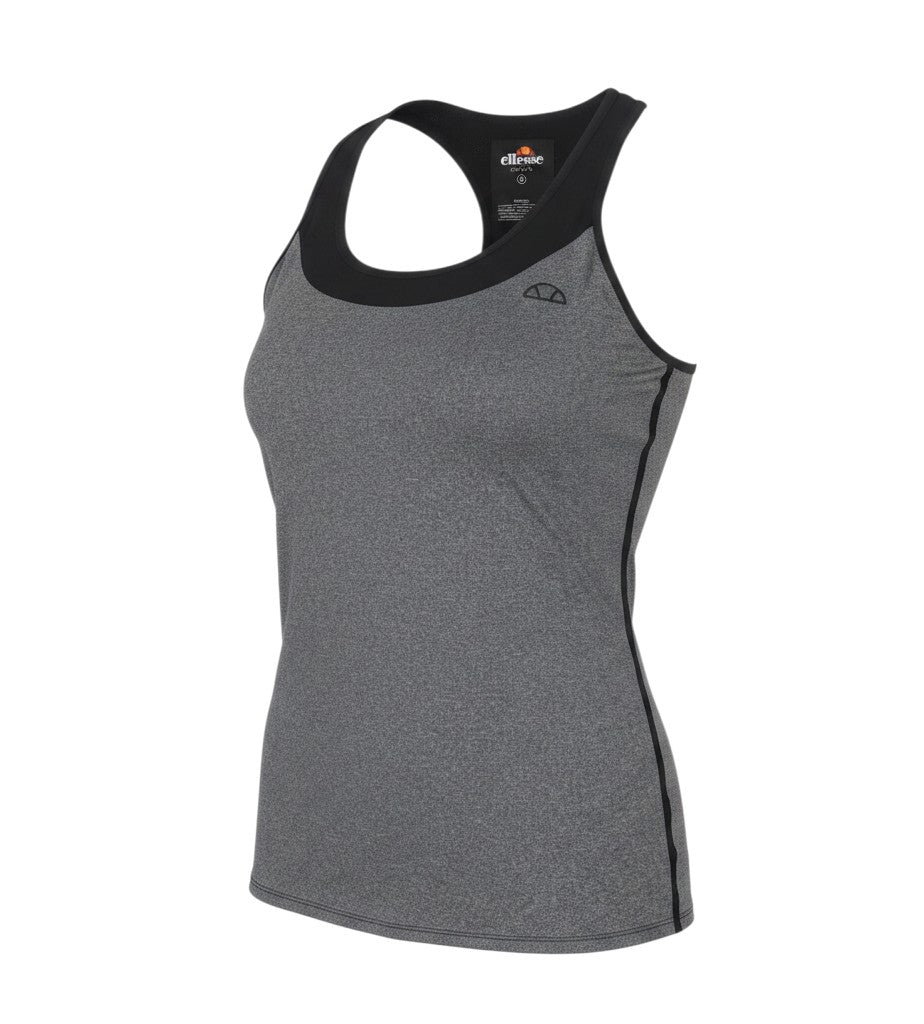 Prewornwholesale ellesse grey polyester racerback tank top with black trim and logo detail