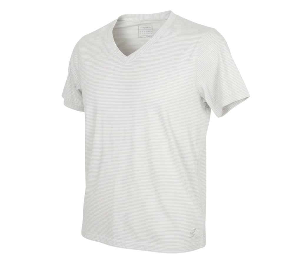 Prewornwholesale white Energetics unisex V-neck t-shirt with subtle horizontal stripes and moisture-wicking fabric.