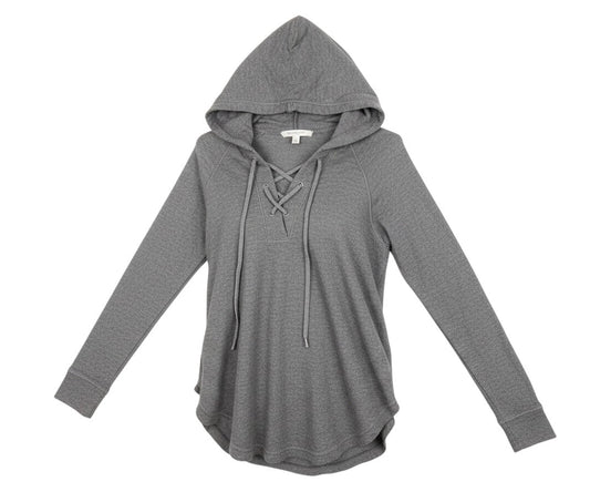 Prewornwholesale GAP grey marled knit long sleeve hoodie with a lace-up front neckline and ribbed cuffs.