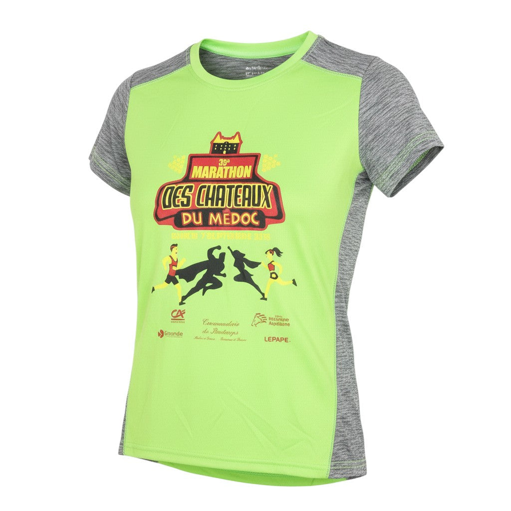 Prewornwholesale women's green and grey polyester marathon running t-shirt with graphic print and crew neck