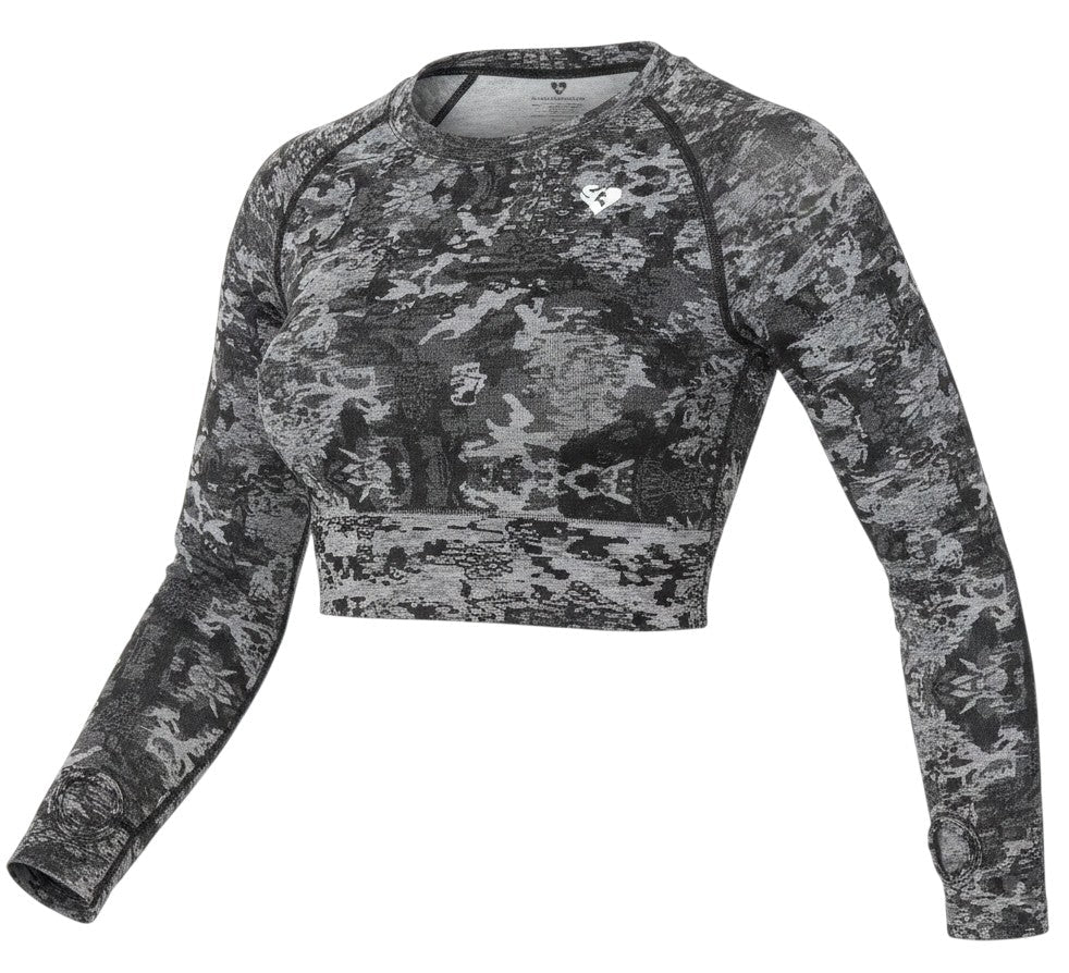 Prewornwholesale grey camouflage long sleeve cropped activewear top with crew neck and raglan sleeves.