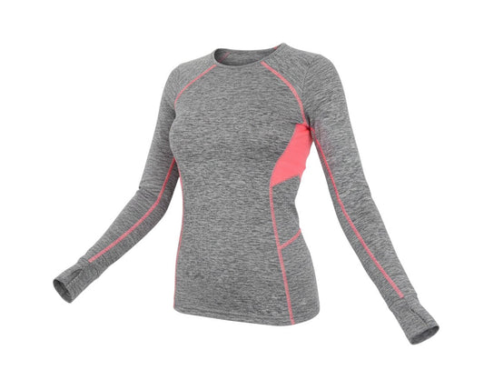 Prewornwholesale St. Bernard grey marl long sleeve activewear top with pink contrast panels and thumbhole cuffs