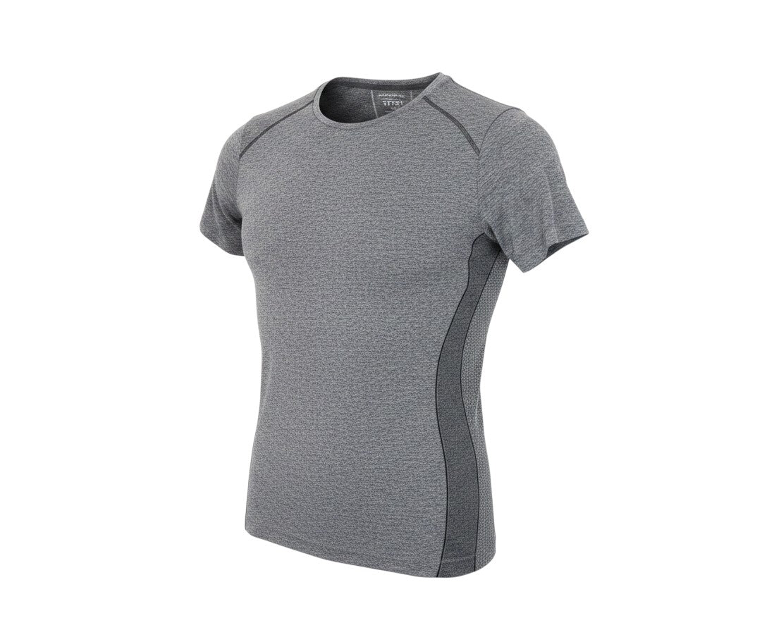 Prewornwholesale grey performance sport t-shirt with short sleeves, crew neck, and breathable side panel detailing.