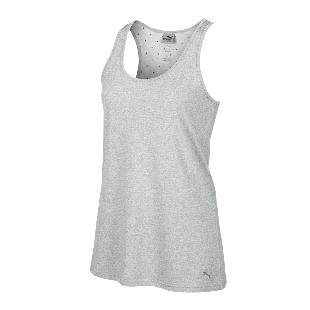 Prewornwholesale grey Puma women's cotton tank top with a scoop neckline and racerback design for activewear.