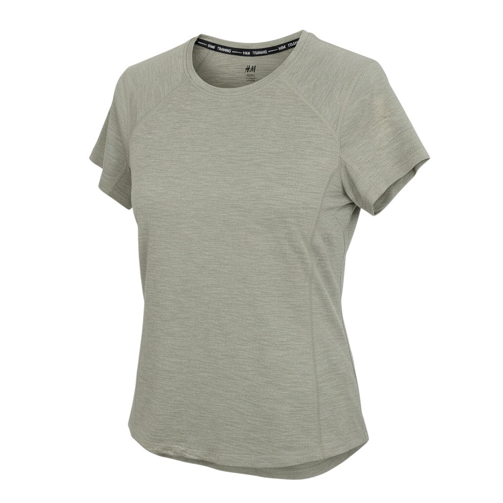 Prewornwholesale H&M women's sage green polyester crew neck training t-shirt with short raglan sleeves