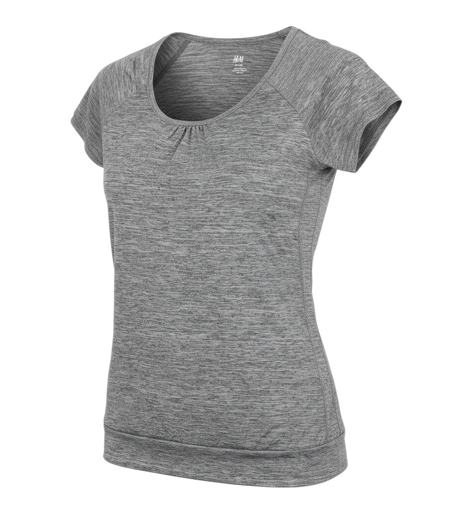 Prewornwholesale H&M women's grey polyester activewear t-shirt with short sleeves and a round neck