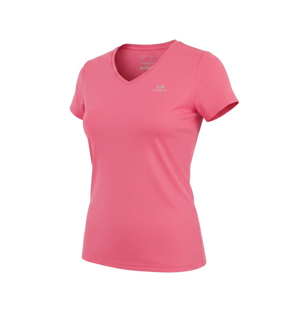 Prewornwholesale Kalenji women's pink V-neck running T-shirt in lightweight breathable polyester fabric.