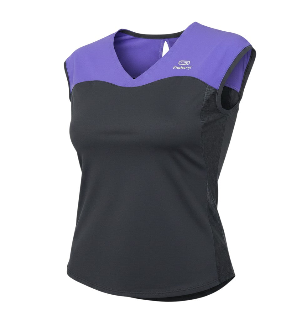 Prewornwholesale Kalenji women's purple and black V-neck athletic tank top in breathable polyester fabric