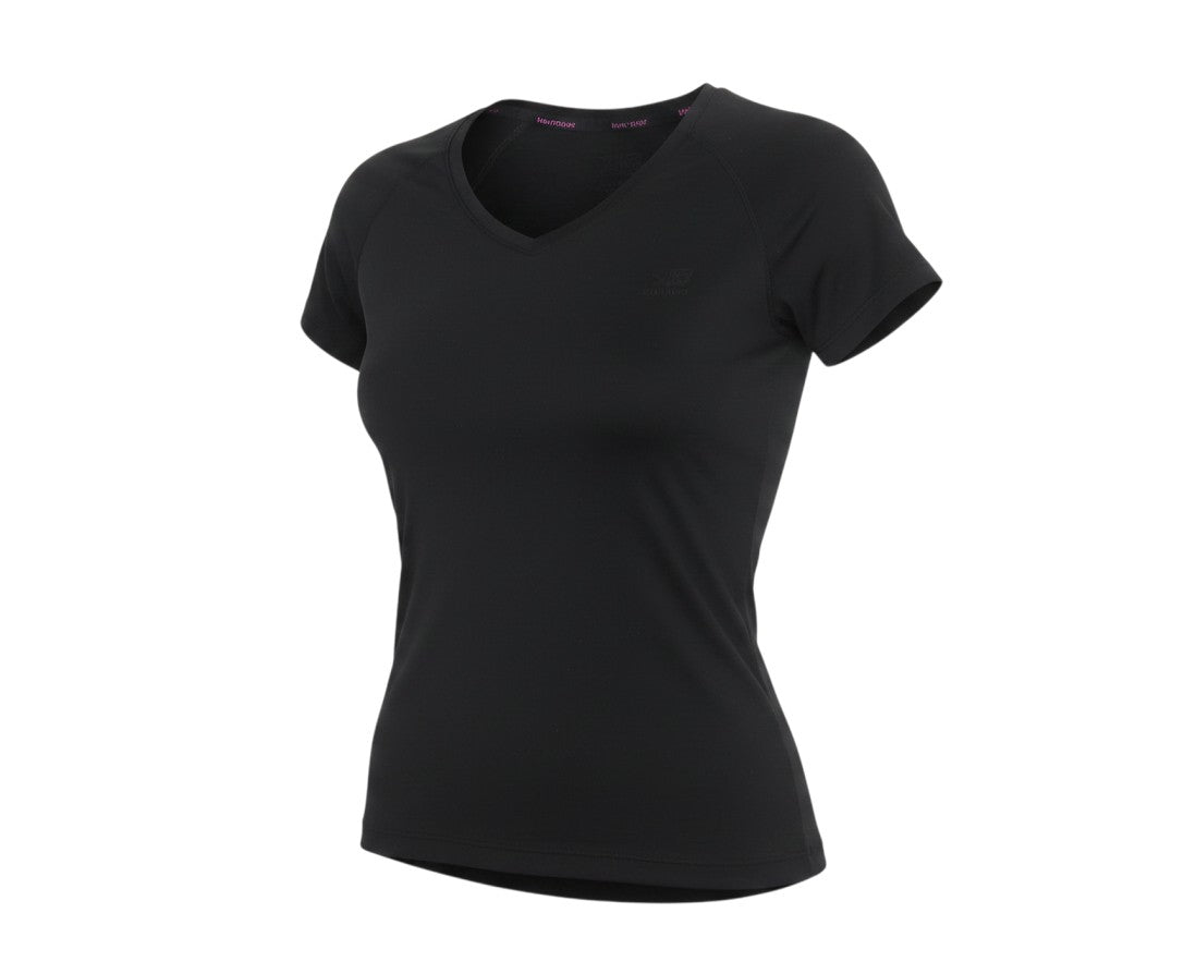 Prewornwholesale Karrimor women's black moisture-wicking V-neck active T-shirt with short raglan sleeves.
