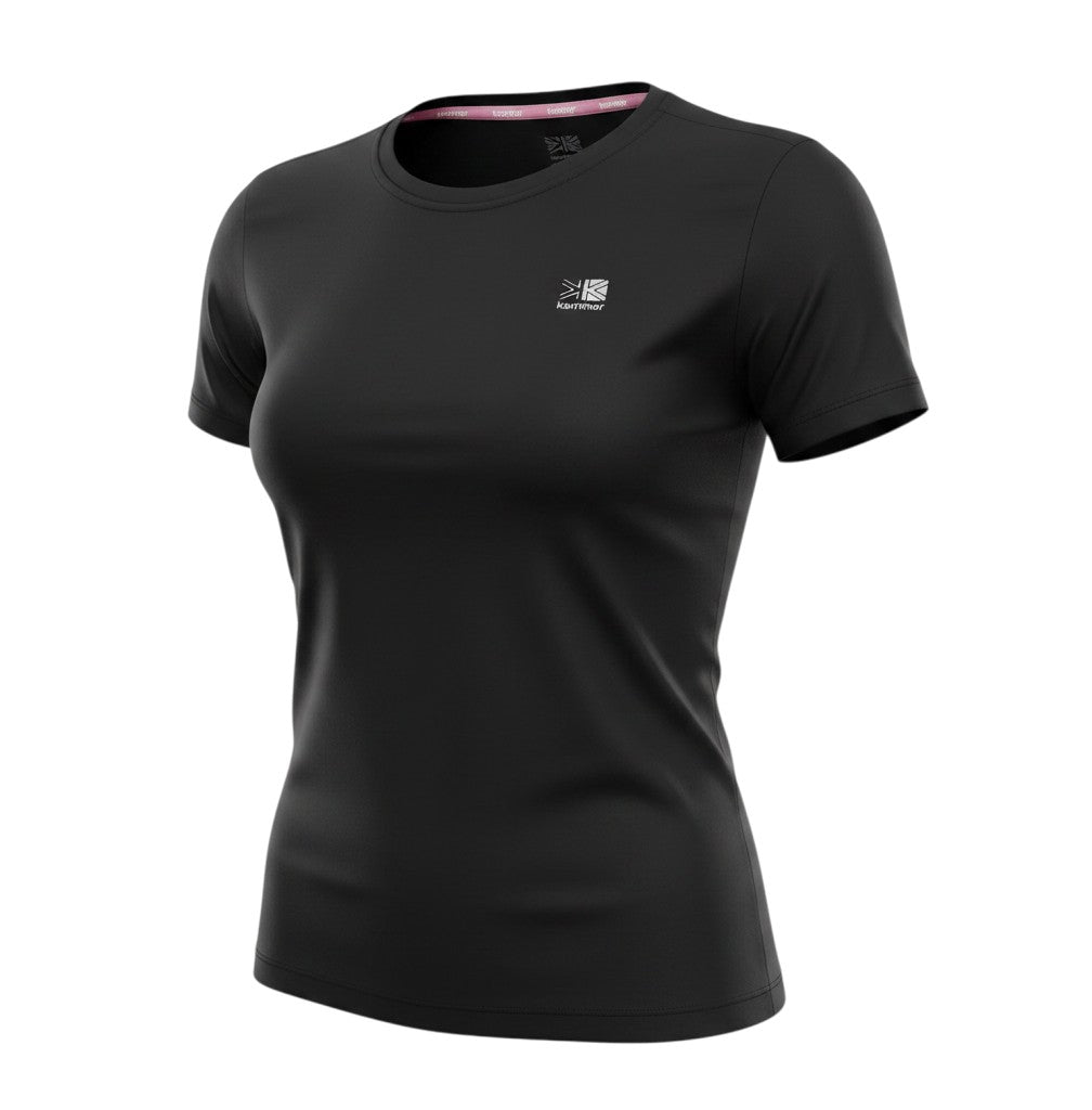 Prewornwholesale Karrimor women's black short sleeve running T-shirt with crew neck and moisture-wicking fabric.