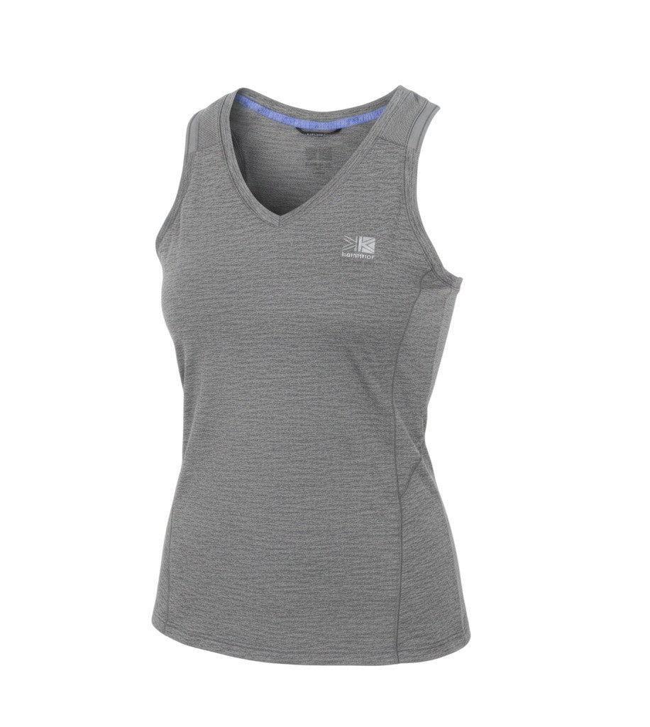 Prewornwholesale Karrimor women's grey athletic tank top with V-neck, breathable lightweight fabric for workouts.