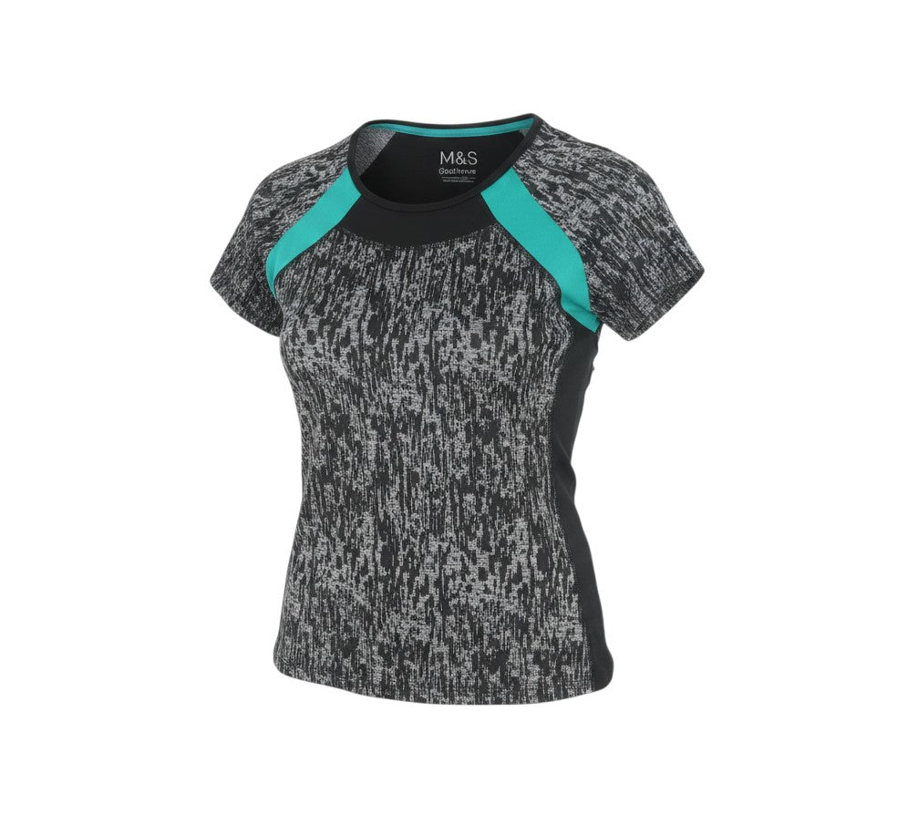 Prewornwholesale Marks and Spencer women's active T-shirt in black and grey abstract print with teal shoulder panels.