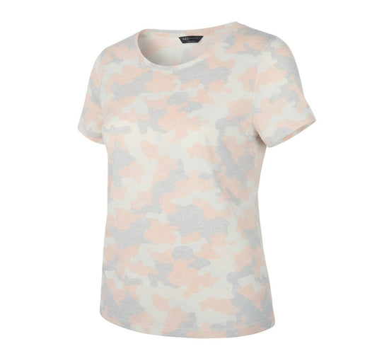 Prewornwholesale Marks and Spencer women's crew neck t-shirt in a peach, cream, and grey camouflage jersey print.
