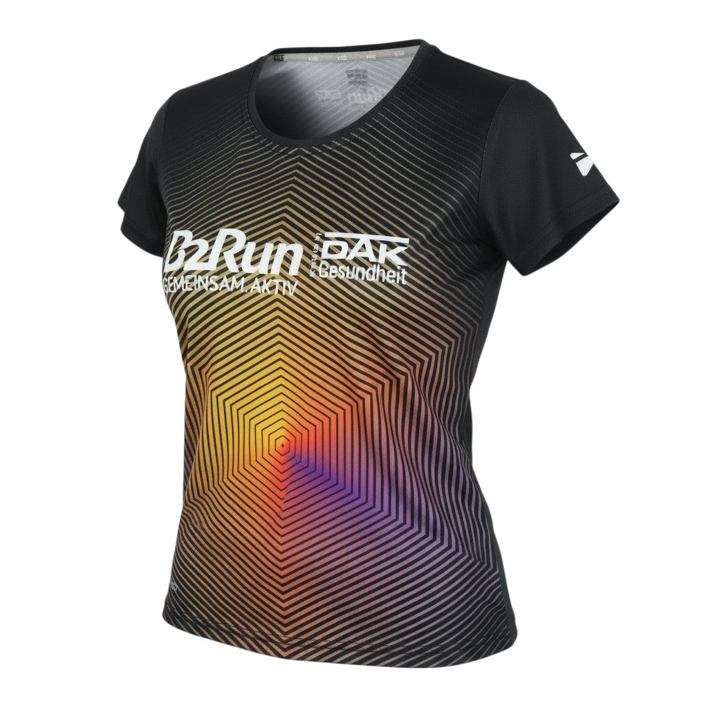 Prewornwholesale women's multicoloured running t-shirt with geometric pattern, crew neck, and B2Run graphic print.