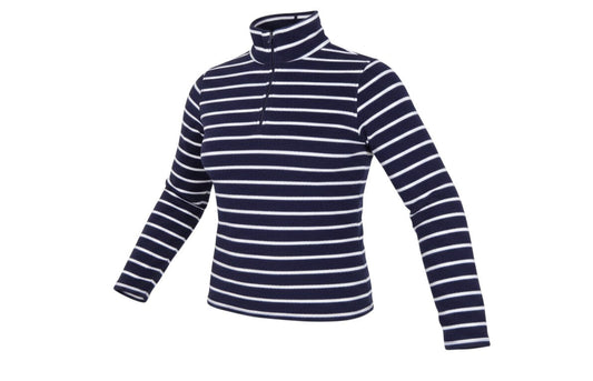 Prewornwholesale navy blue and white striped fleece pullover with a quarter zip high neckline for women