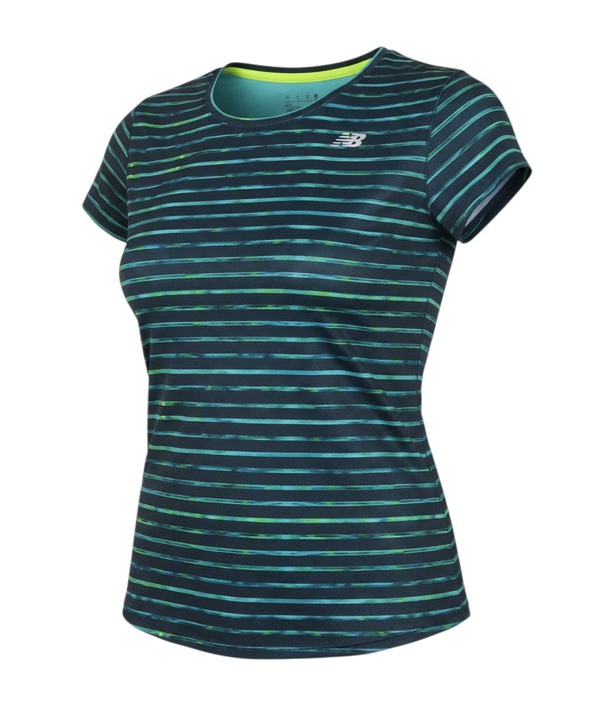 Prewornwholesale New Balance women's blue and green striped moisture-wicking athletic running T-shirt with scoop neck