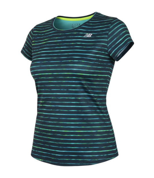 Prewornwholesale New Balance women's blue and green striped moisture-wicking athletic running T-shirt with scoop neck