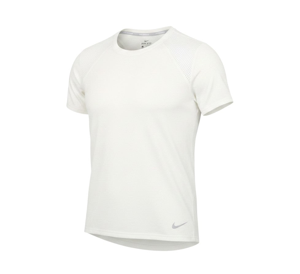 Prewornwholesale white Nike Dri-Fit women's running t-shirt with breathable mesh panels and short raglan sleeves.